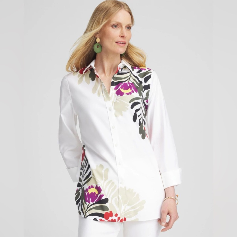 Chico's No Iron Stretch Placed Floral Shirt Size 3.5 or Women’s 18 XL Blouse